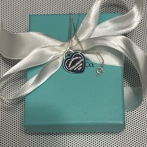 Authentic RARE Tiffany & Co Navy Enamel Heart Tag Necklace.